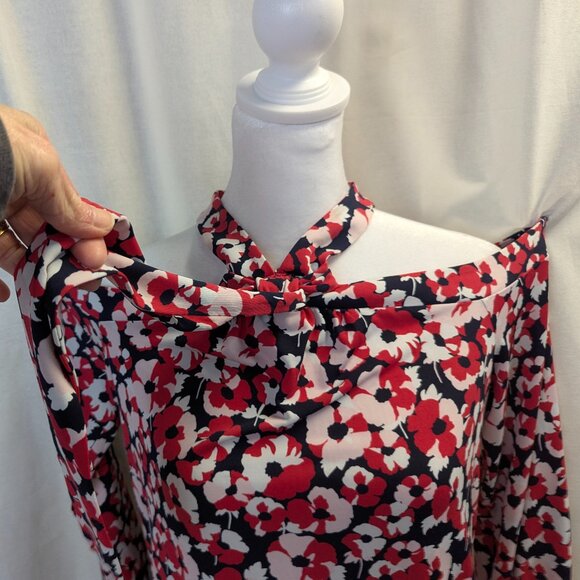 Michael Kors Size XS Black/Red/White Floral Cold Shoulder Blouse With Neck Tie - Picture 2 of 16